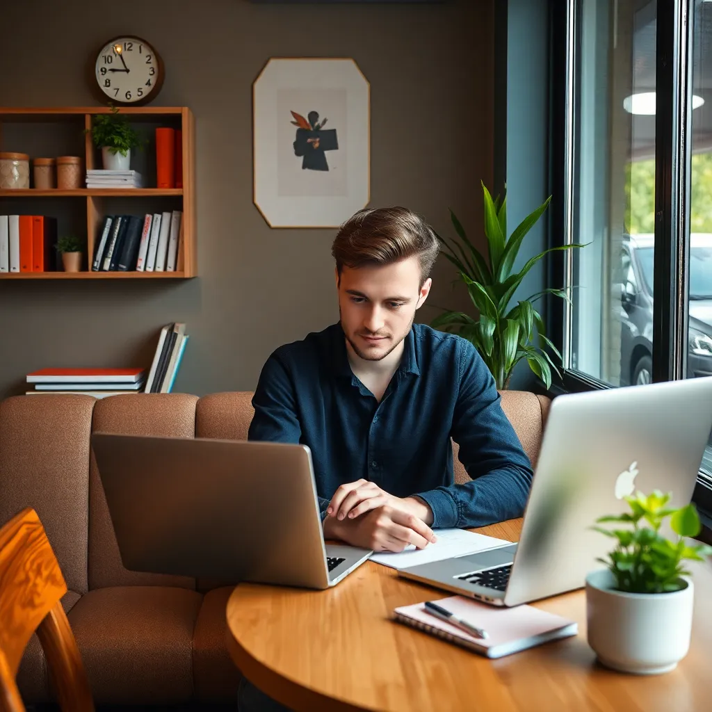 Slovenský freelancer pracujúci z kaviarne s efektívne organizovaným pracovným priestorom
